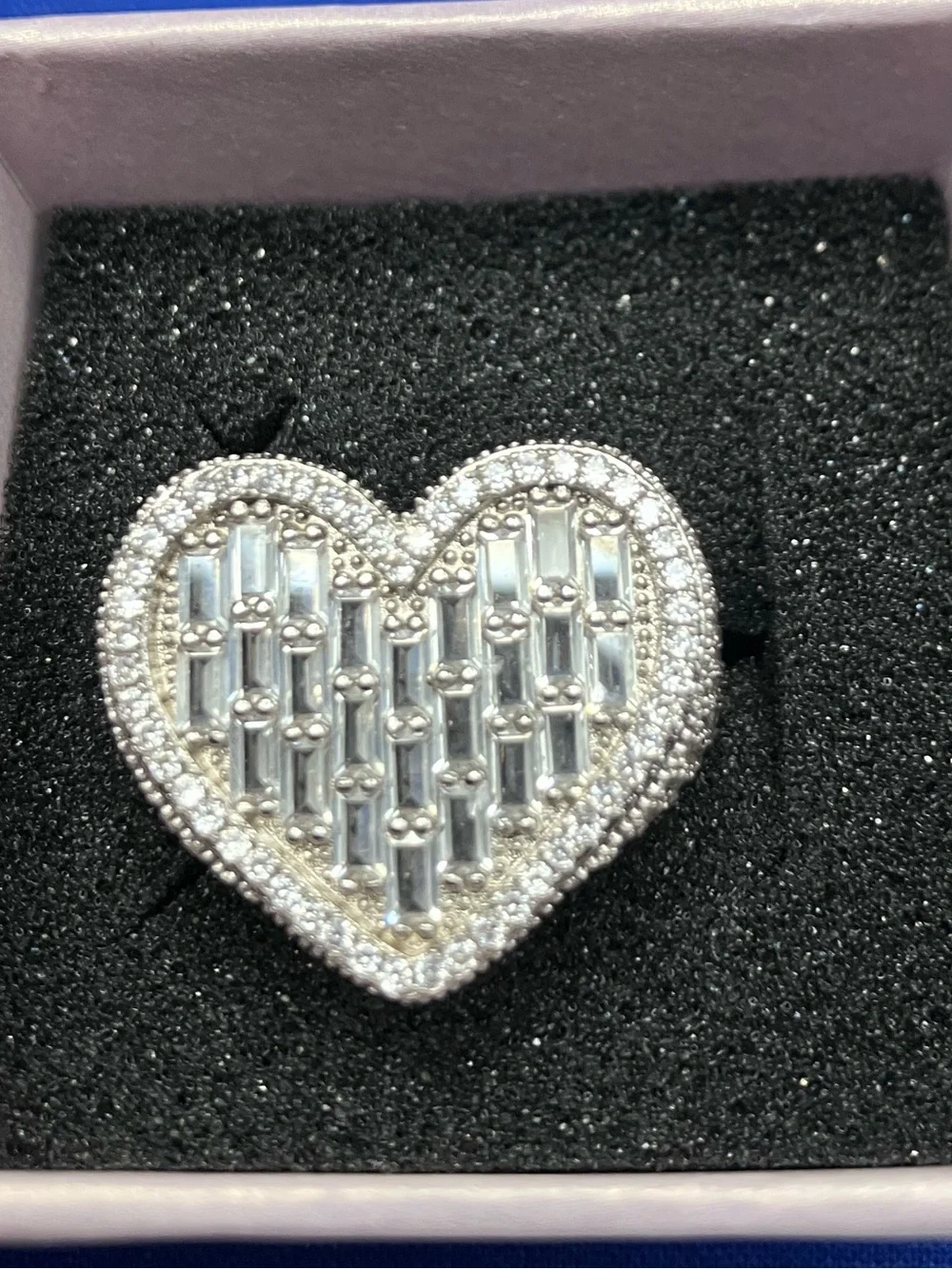 Size 9 Baguette Moissanite Heart Ring with matching Stud Earrings